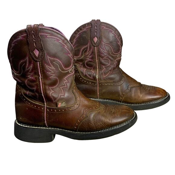 Justin Gypsy Brown Leather Pink Stitching Round Toe Shortie Cowboy Boots 8B - Picture 2 of 8